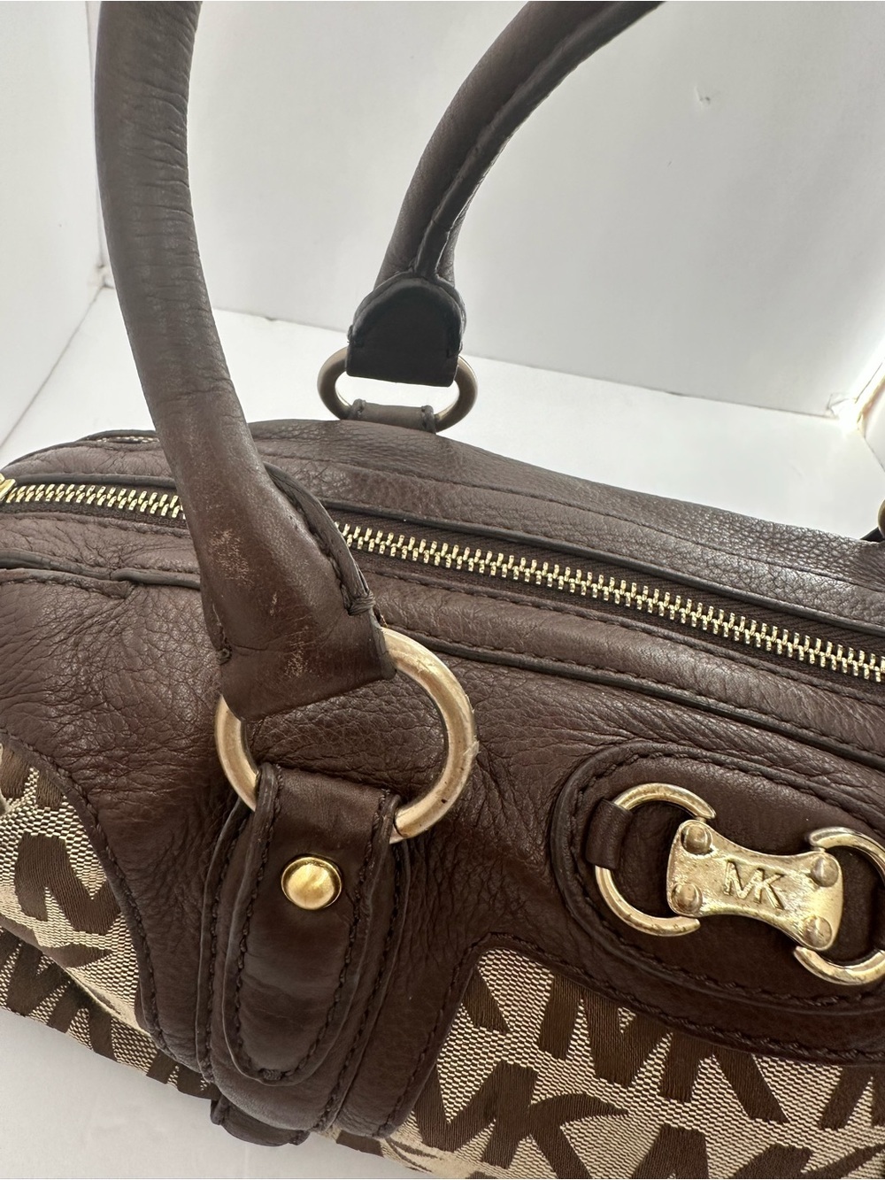 Vintage Michael Kors Brown MK Monogram Leather Satchel Bag Y2K Shoulder Purse - Picture 3 of 11